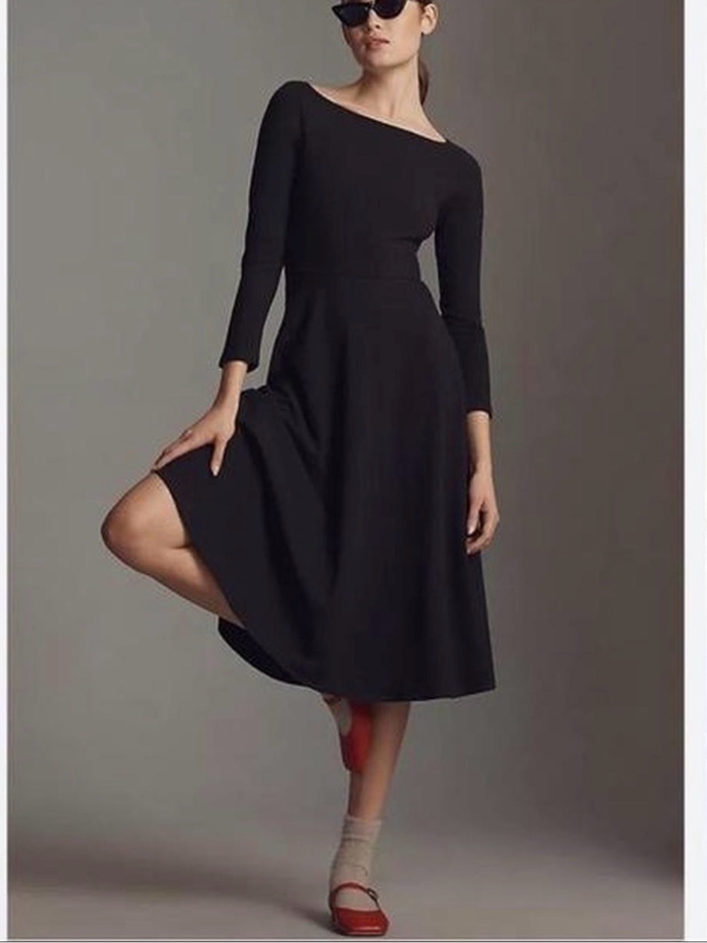 Elegant Black Boatneck Long-Sleeve Midi Dress